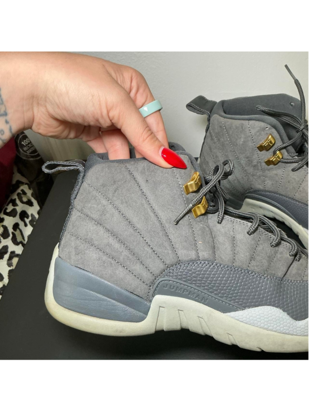 Nike Air Jordan 12 Cool Grey Suede Gold Eyelets Sneakers Men's Size 12 - Picture 5 of 8